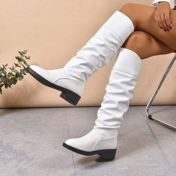 Women's Wide Calf Knee High Boots Block High Heel Slouchy Long Riding Boot (White 43)