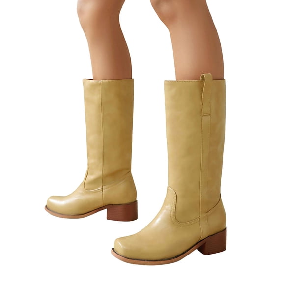Women's Wide Calf Square Toe Knee High Boots Block Low Heel Comfortable Slip On Mid Calf Riding Booties