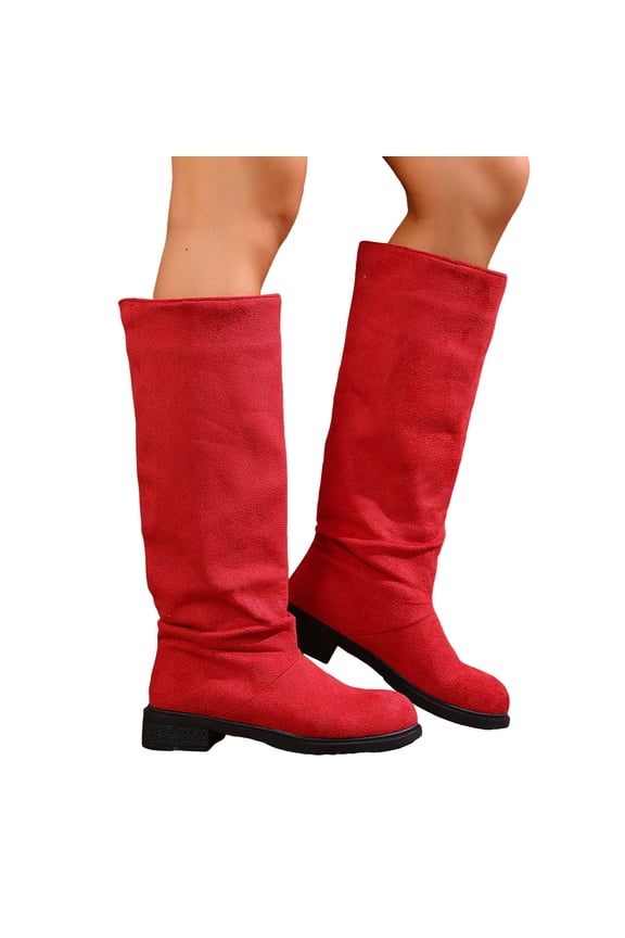 Women's Wide Calf Suede Slouchy Knee High Boots Vintage Block Low Heel Slip On Dress Riding Booties