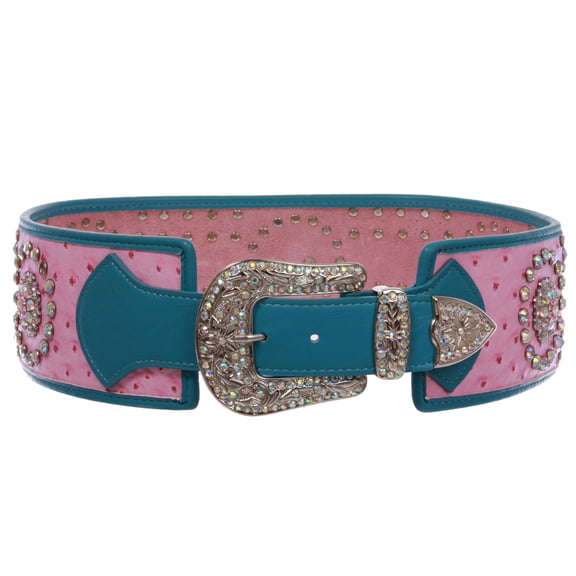 Women's Wide Contour High Waist Faux Ostrich Print Western Rhinestone Belt