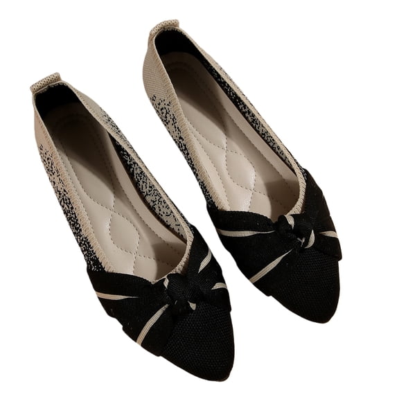 Women’s Wide Fit Breathable Knit Flats Slip On Shoes, Comfortable Low Heel Bow Detail Work Shoes, Lightweight Stretchy Loafers for Office Casual Daily Wear