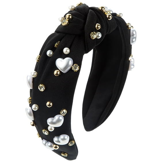 Women's Wide Knot Headband with Heart Pearl, Valentine's Day Hair Accessories for Women and Girls, Rhinestone Beaded Hairband for Wedding Party and Daily Wear - Black
