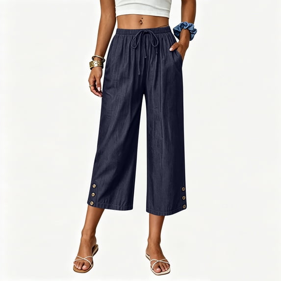 Women's Wide Leg Baggy Cropped Jeans with Elastic Waist Pull On Lightweight Fit Capri Pants with Pockets