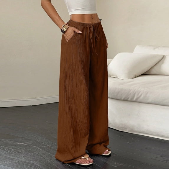 Women's Wide Leg Beach Pants Elastic Waist Lightweight Casual Flowy Palazzo Lounge Trousers with Pockets Brown L