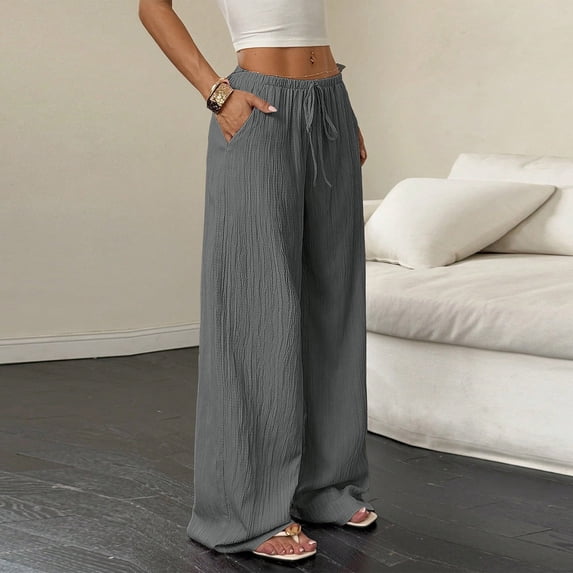 Women's Wide Leg Beach Pants Elastic Waist Lightweight Casual Flowy Palazzo Lounge Trousers with Pockets Gray L