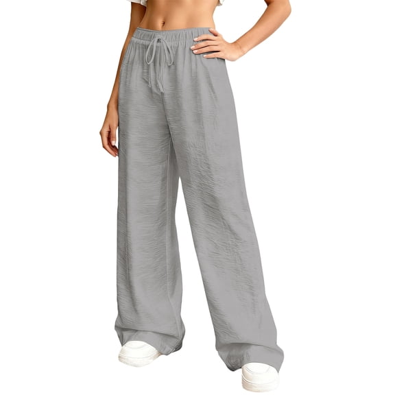 Women's Wide Leg Beach Pants Elastic Waist Lightweight Casual Palazzo Lounge Trousers with Pockets Gray S