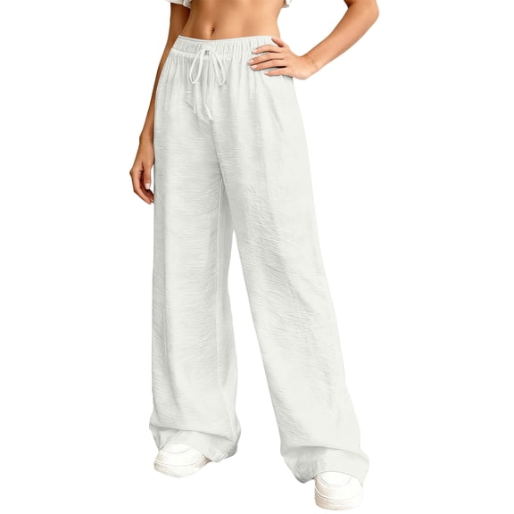 Women's Wide Leg Beach Pants Elastic Waist Lightweight Casual Palazzo Lounge Trousers with Pockets White M