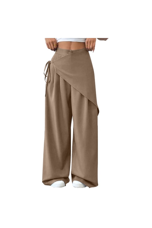 Women's Wide Leg Bow Tie Wrap Pants Casual Work Dress Pants Khaki M