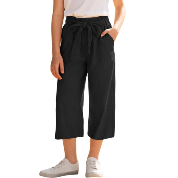 Women's Wide Leg Capri Pants Lightweight Cotton Linen Adjustable Knot Waisted Work Casual Capris with Pockets (9 Years, Black)