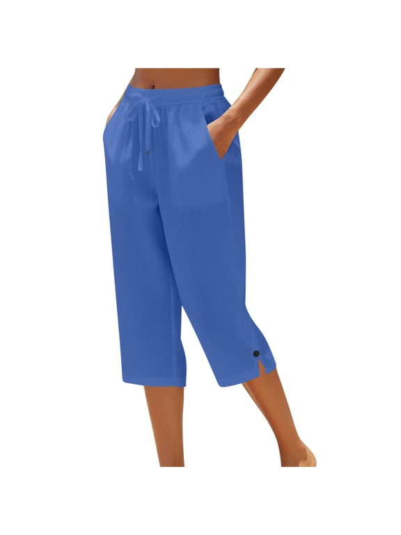 Women's Wide Leg Capri Pants Linen Casual Cropped Palazzo Drawstring Elastic Waist 2026 Summer Beach Vacation Clothes