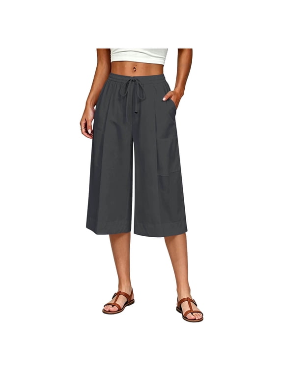 Women’s Wide Leg Capris Elastic Waist Culottes Solid Casual Capris with Pocketed Pleated Front Summer Capris Pants Loose Everyday Bottoms Clothes