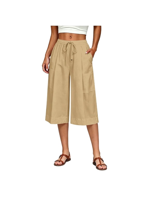 Women’s Wide Leg Capris Elastic Waist Culottes Solid Casual Capris with Pocketed Pleated Front Summer Capris Pants Loose Everyday Bottoms Clothes