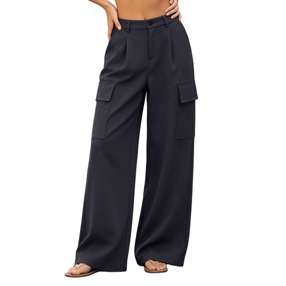 Women's Wide Leg Cargo Dress Pants High Rise Pleated Casual Suit Trousers Multi Pockets Work office Slacks with Pockets Fashion Bottoms Black