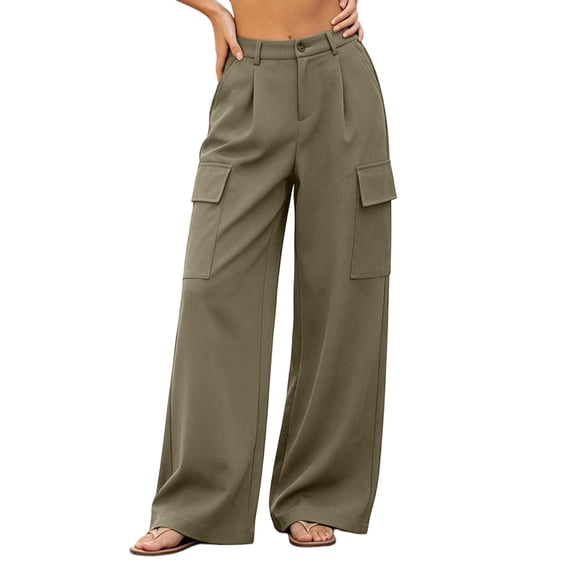 Women's Wide Leg Cargo Dress Pants High Rise Pleated Casual Suit Trousers Multi Pockets Work office Slacks with Pockets Fashion Bottoms Coffee