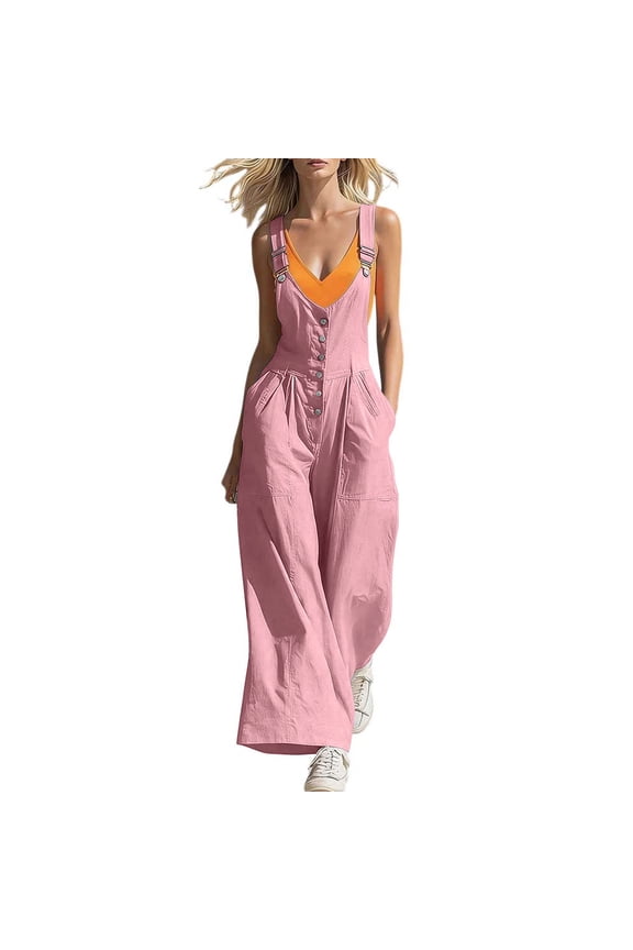 Women's Wide‑Leg Cargo Jumpsuit, Spaghetti Strap Button‑Front Overall with Functional Pockets Pink L(L)