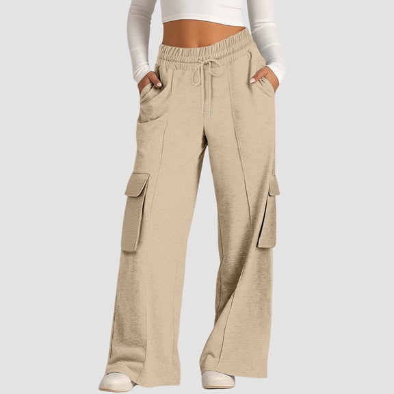 Women's Wide Leg Cargo Pants Adjustable Drawstring Waist Casual Lounge Trousers with Pockets Oversized Streetwear Comfort Fit Khaki S