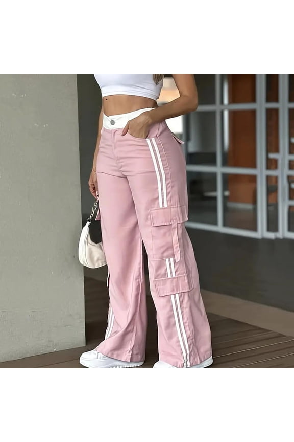 Women's Wide Leg Cargo Pants Side Striped Baggy Straight Track Pants with Pockets Athletic Streetwear Dance Trousers S