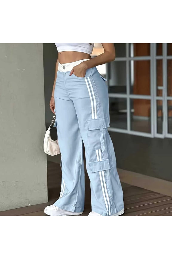 Women's Wide Leg Cargo Pants Side Striped Baggy Straight Track Pants with Pockets Athletic Streetwear Dance Trousers Sky Blue S