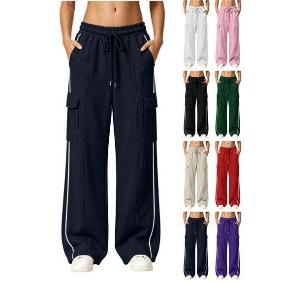 Women's Wide Leg Cargo Sweatpants Elastic Waist Baggy Joggers,Y2K Side Stripe Track Pants with Pockets for Daily Casual