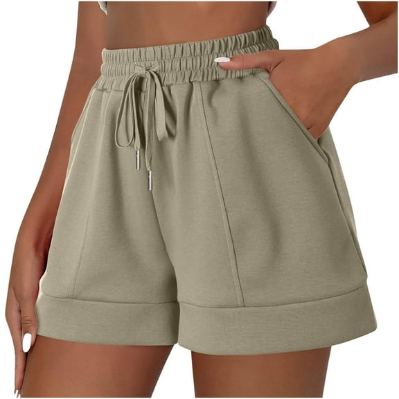 Women's Wide Leg Casual Comfy Moisture Wicking Drawstring Shorts with Pockets Elastic High Waist Summer 2025 Shorts Khaki,S