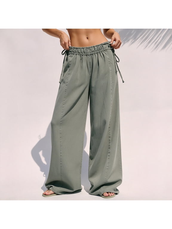 Women's Wide Leg Casual Pants Low Rise Baggy Trousers Comfortable Loose Fit Streetwear Pants (Army Green L)