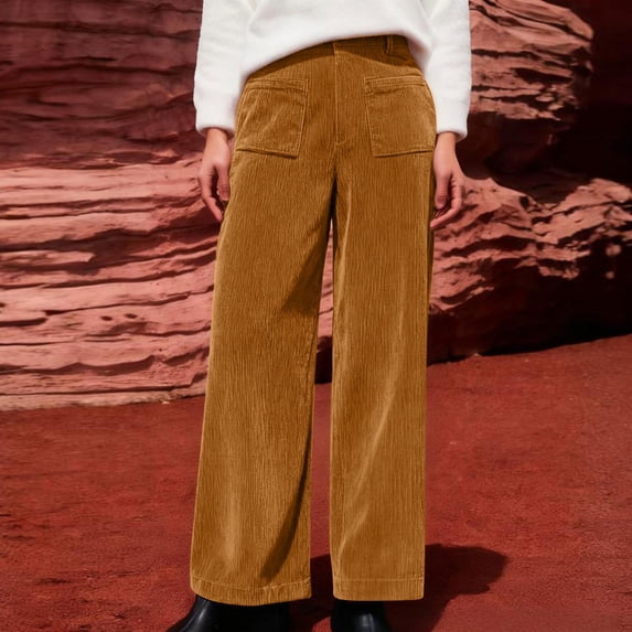 Women's Wide Leg Corduroy Pants,Baggy Straight Casual Trousers with Pockets,Low Waisted Loose Fit Fall Winter Pants for Women Gold L