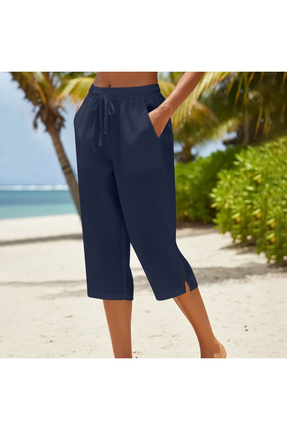 Women's Wide Leg Cotton Cropped Pants Loose Drawstring Elastic Waist Casual Straight Tube Capris Trousers Navy XL