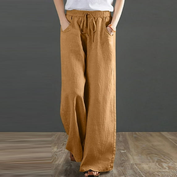Women's Wide Leg Cotton Linen Pants Floral Hippie Palazzo Pant Boho Vintage Joggers Yoga Elastic Waist Solid Color Clothes Loose Pockets Casual Trousers with Pockets Yellow qILAKOG Size S
