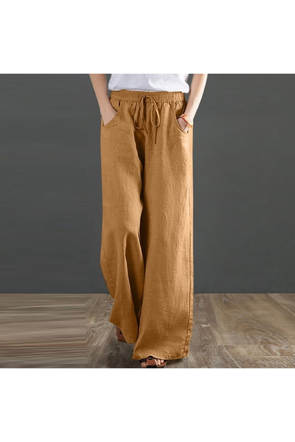 Women's Wide Leg Cotton Linen Pants Floral Hippie Palazzo Pant Boho Vintage Joggers Yoga Elastic Waist Solid Color Clothes Loose Pockets Casual Trousers with Pockets Yellow qILAKOG Size S