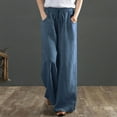 thumbnail image 1 of Women's Wide Leg Cotton Linen Pants Floral Hippie Palazzo Pant Boho Vintage Joggers Yoga Elastic Waist Solid Color Clothes Loose Pockets Casual Trousers with Pockets Blue qILAKOG Size M, 1 of 5