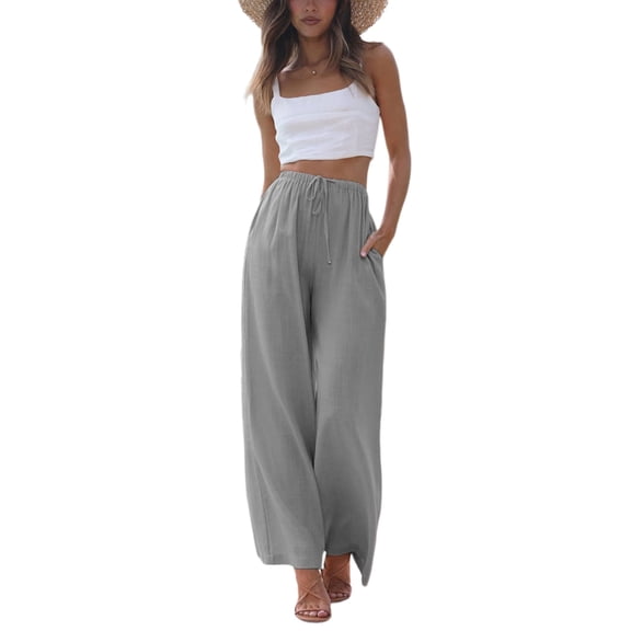 Women's Wide Leg Cotton Linen Pants High Waist Adjustable Tie Knot Lounge Trousers