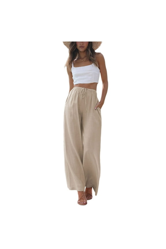 Women's Wide Leg Cotton Linen Pants High Waist Adjustable Tie Knot Lounge Trousers