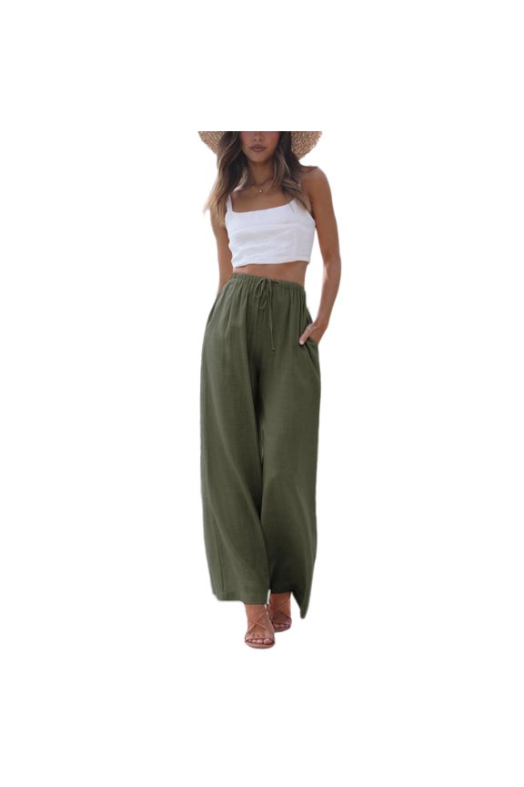 Women's Wide Leg Cotton Linen Pants High Waist Adjustable Tie Knot Lounge Trousers