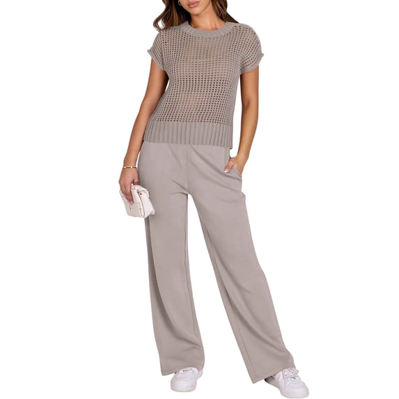 Women's Wide Leg Crochet Sheer Knit Sweater Matching Sets 2 Piece Set Pants Outfit Top for Lounge Gray XXL