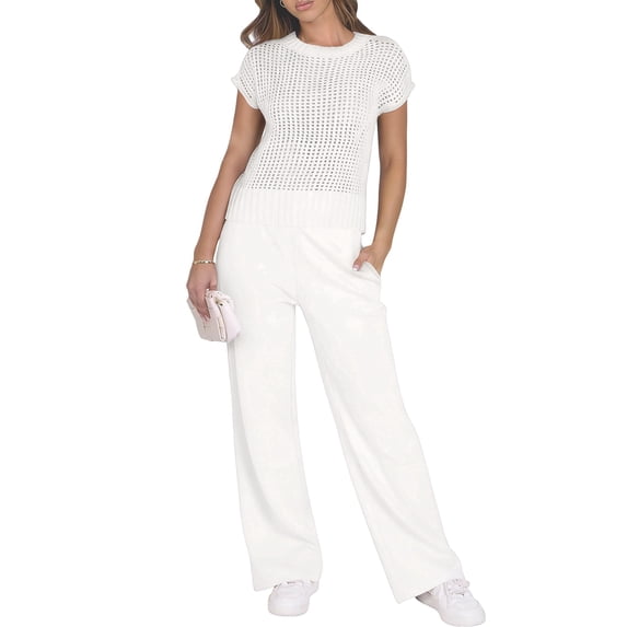 Women's Wide Leg Crochet Sheer Knit Sweater Matching Sets 2 Piece Set Pants Outfit Top for Lounge White M
