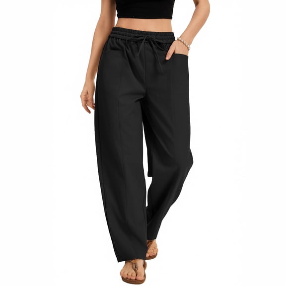 Women's Wide Leg Cropped Pants, Casual Elastic Drawstring Waisted Pants With Pockets, Harem Style Trousers,Black,S