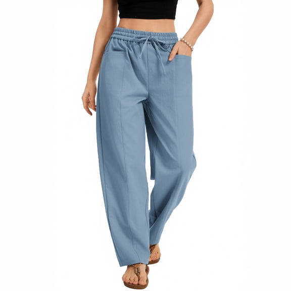 Women's Wide Leg Cropped Pants, Casual Elastic Drawstring Waisted Pants With Pockets, Harem Style Trousers,Blue,L
