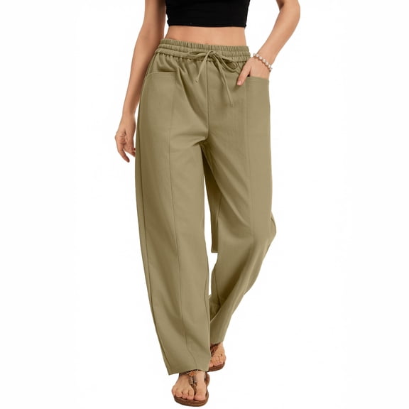 Women's Wide Leg Cropped Pants, Casual Elastic Drawstring Waisted Pants With Pockets, Harem Style Trousers,Khaki,XL