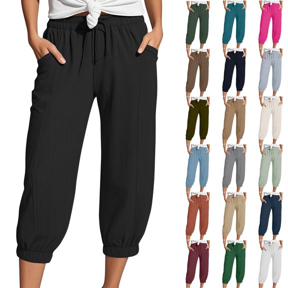 Women's Wide Leg Cropped Pants, Casual Loose Fit Paper Bag Waist Pants with Drawstring and Pockets, High Waist Bubble Texture Pants for Yoga, Beach, Outing and Daily Wear-Black