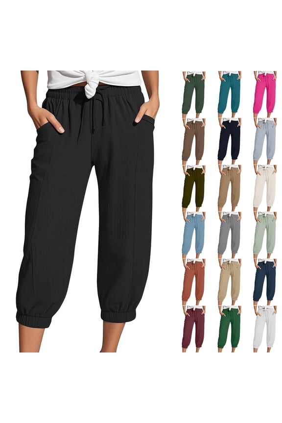 Women's Wide Leg Cropped Pants, Casual Loose Fit Paper Bag Waist Pants with Drawstring and Pockets, High Waist Bubble Texture Pants for Yoga, Beach, Outing and Daily Wear-Black