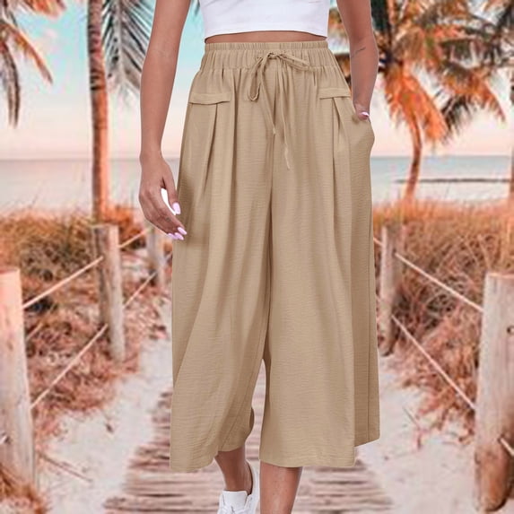 Women's Wide Leg Cropped Pants High Waisted Drawstring Culottes Casual Summer Loose Fit Flowy Capri Pants with Pockets for Lounge Beach Vacation Relaxed