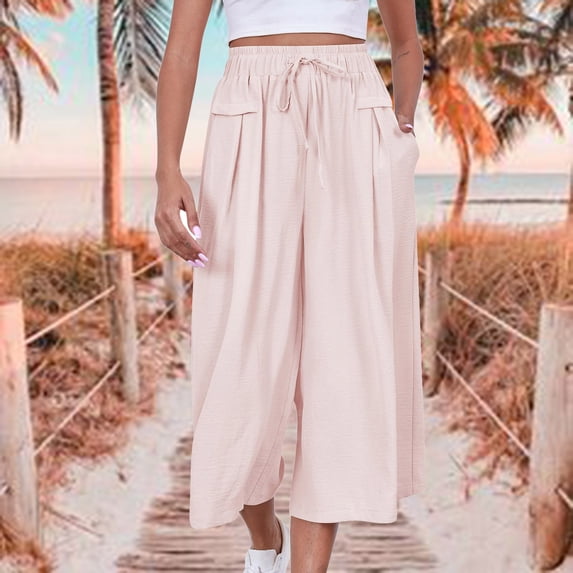Women's Wide Leg Cropped Pants High Waisted Drawstring Culottes Casual Summer Loose Fit Flowy Capri Pants with Pockets for Lounge Beach Vacation Relaxed