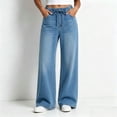 thumbnail image 1 of Women's Wide Leg Denim Jeans, Drawstring Elastic Waist, Side Hand Pockets, Soft Light‑wash Denim for Daily Weekend Going‑out Scenarios, Wide Leg Jeans Light Blue L, 1 of 6