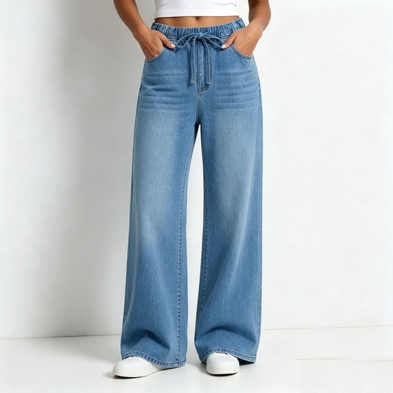 Women's Wide Leg Denim Jeans, Drawstring Elastic Waist, Side Hand Pockets, Soft Light‑wash Denim for Daily Weekend Going‑out Scenarios, Wide Leg Jeans Light Blue L