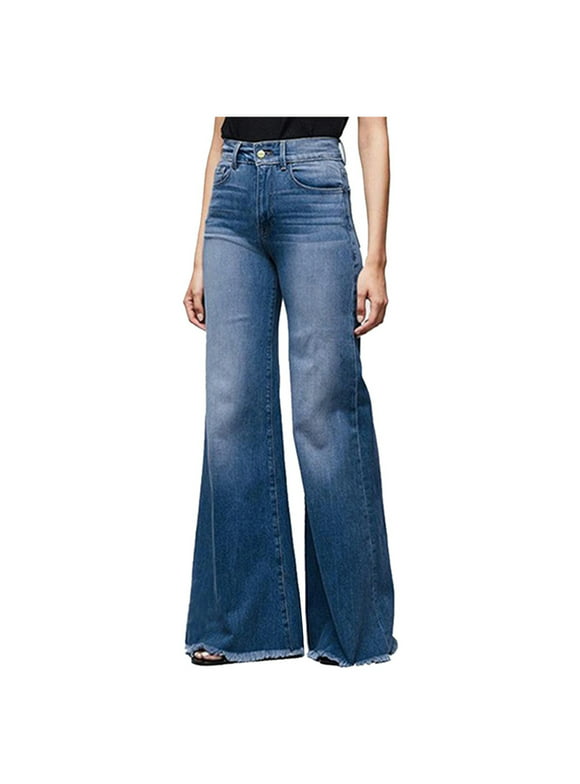 Women's Wide Leg Denim Jeans Solid High Waist Bell Bottom Jeans Casual Slim Destroyed Frayed Hem Flare Jeans Stretch Pants(L,Navy)