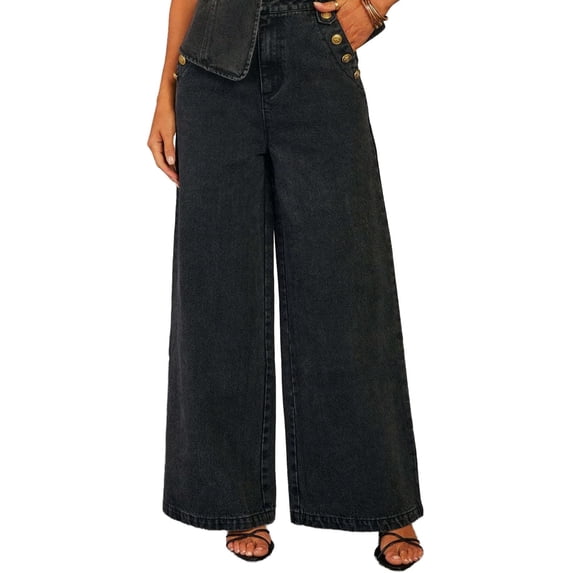 Women's Wide Leg Denim Jeans, Waist Gold Button Accent, High‑rise Button‑Zip Fly, Side Pockets, Oversized Silhouette, Washed Denim for Daily Dress‑up Occasions, Denim Jeans Black XXL