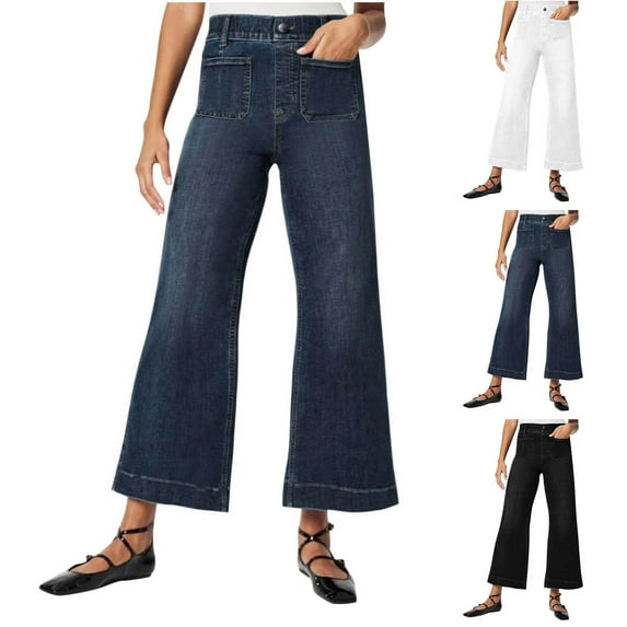 Women's Wide Leg Denim Pants Casual Trousers Slacks Bottoms with Pockets Elastic Waistband Stretchy Flowy Solid Color Soft Comfy Lounge Wear Travel Essentials for Women | Aestivo,Black XL