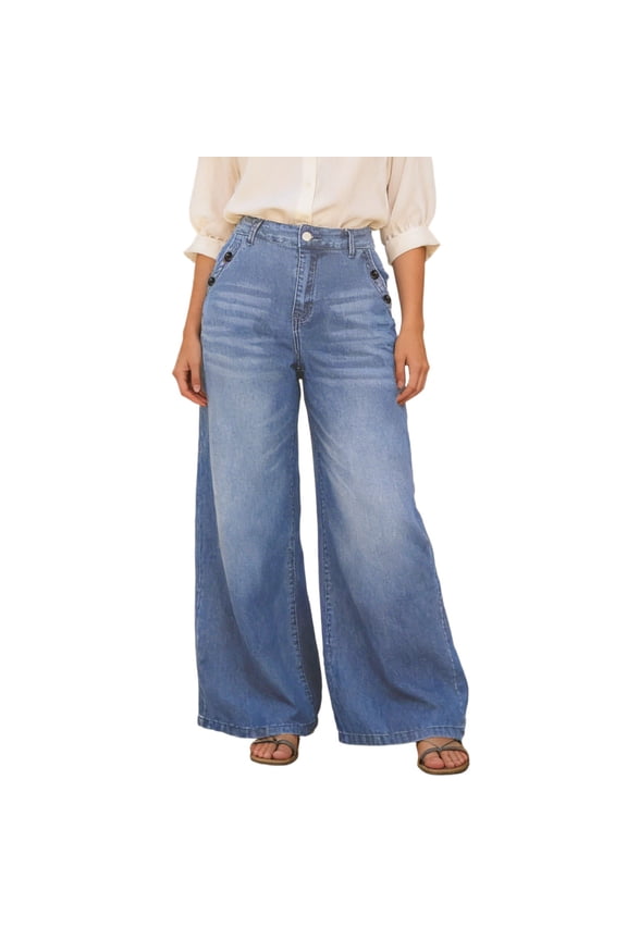 Women's Wide Leg Denim Pants - High Waisted Stretchy Yoga Jeans Casual Retro Flare Trousers with Pockets for Lounge Fitness Travel Summer(BU2/S)