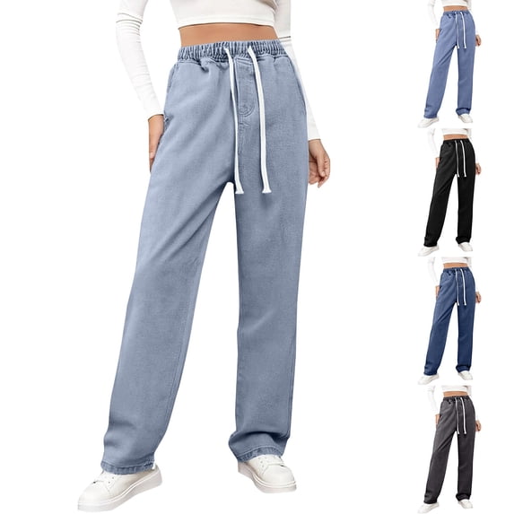 Women's Wide Leg Denim Pants Unisex Classic Solid Straight Loose Jeans