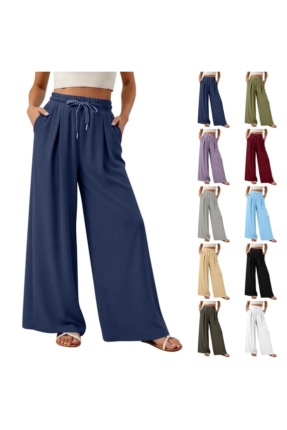Women's Wide Leg Drawstring Waist Pants Loose Fit High Palazzo Trousers with Pockets White M